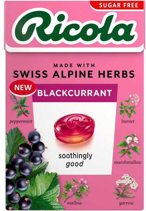 Ricola Blackcurrant Sugar Free Swiss Herbal Sweets, Herb Drops, Sweet Box 45g - Pack of 6