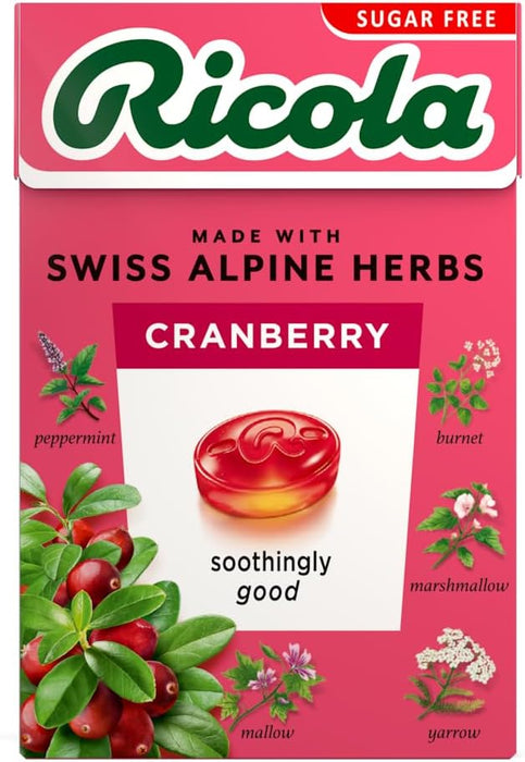 Ricola Cranberry Sugar Free Swiss Herbal Sweets, Herb Drops, Sweet Box 45g - Pack of 4