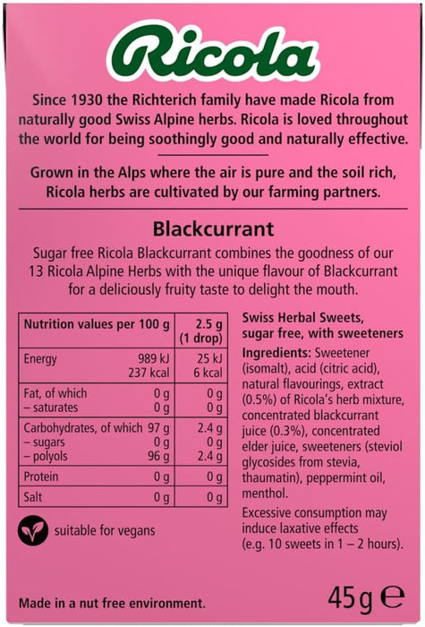 Ricola Blackcurrant Sugar Free Swiss Herbal Sweets, Herb Drops, Sweet Box 45g - Pack of 6