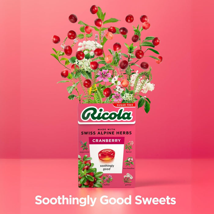 Ricola Cranberry Sugar Free Swiss Herbal Sweets, Herb Drops, Sweet Box 45g - Pack of 4