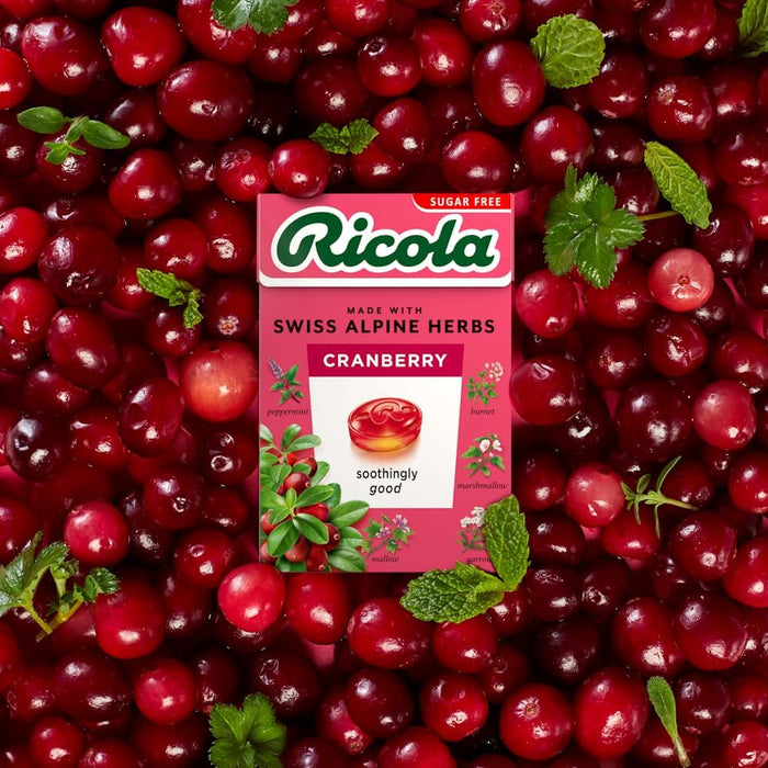 Ricola Cranberry Sugar Free Swiss Herbal Sweets, Herb Drops, Sweet Box 45g - Pack of 4