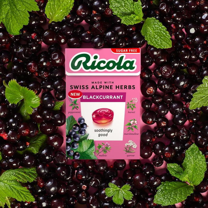 Ricola Blackcurrant Sugar Free Swiss Herbal Sweets, Herb Drops, Sweet Box 45g - Pack of 6