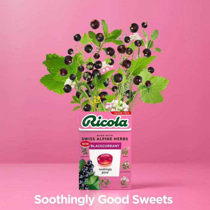 Ricola Blackcurrant Sugar Free Swiss Herbal Sweets, Herb Drops, Sweet Box 45g - Pack of 6